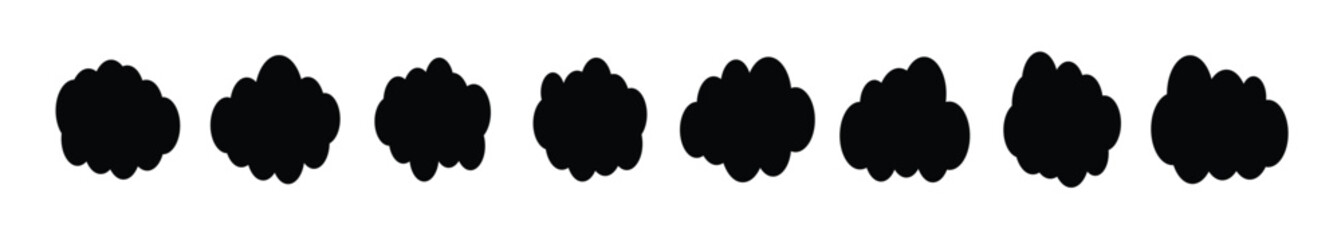A Black cloud silhouettes with chalk texture collection. Hand drawn various fluffy sky symbol shapes on white background. Vector illustration.
