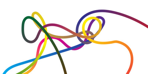 An abstract, clean, white background featuring a complex and intricate entanglement of multiple thin, smooth, looping, and flowing lines, each displaying a distinct vibrant color gradient including