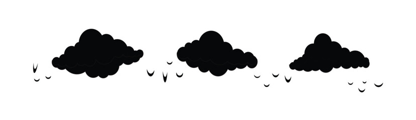 A collection of stylized clouds in various sizes and shapes some filled with solid black and others outlined in black with silhouetted birds flying across the sky. Vector illustration.