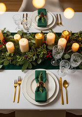 Christmas table setting with candles, pine cones, holly berry, ivy, pine cones, golden cutlery and silver cutlery