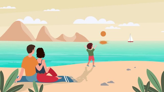 A family is enjoying a holiday vacation on a beautiful beach