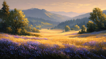 Vibrant Meadow Glowing Under Golden Sunlight &ndash; Warm Radiant Fields, Lush Wildflowers, and Serene Natural Landscape