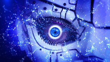 Robot cyber eye HUD Eye Animation Computer vision reality artificial intelligence technology digital diagnostic equipment wireframe mesh background. online identity computing, data processing 3D - Powered by Adobe