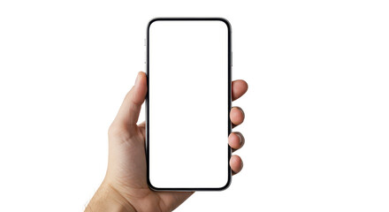 Hand Holding a Modern Smartphone: A close-up shot of a hand delicately cradling a modern smartphone with a blank, bright screen, perfectly poised for digital interaction.