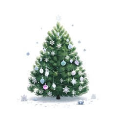 A beautifully decorated Christmas tree with ornaments and snowflakes. Festive holiday illustration.