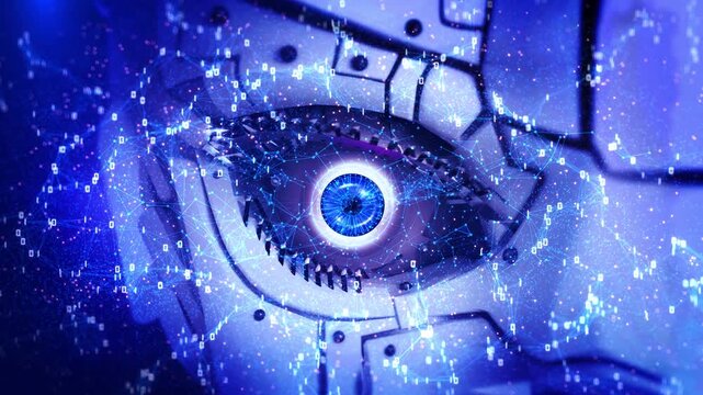 Robot cyber eye HUD Eye Animation Computer vision reality artificial intelligence technology digital diagnostic equipment wireframe mesh background. online identity computing, data processing 3D - Powered by Adobe