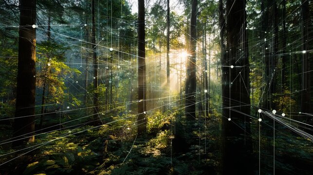 Sunlight streams through lush forest canopy revealing digital network overlay connecting nature and technology