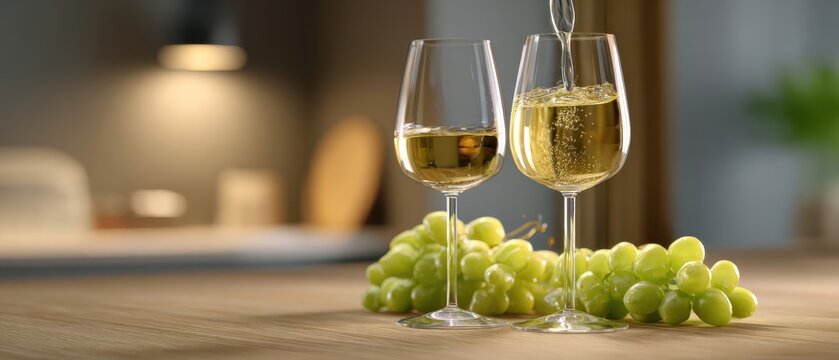 The Wine Glasses with Pouring White Wine and Fresh Green Grapes on Table
