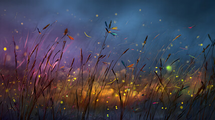 Vibrant Meadow Glowing with Fireflies at Dusk &ndash; Magical Twilight Field, Soft Light, and Enchanted Nature Scenery