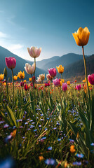 Vibrant Meadow with Blooming Tulips in Spring &ndash; Colorful Flower Fields, Lush Greenery, and Serene Seasonal Landscape