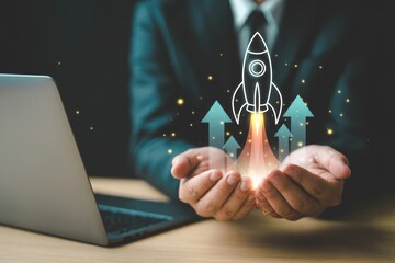 Business startup rocket launch growth success concept innovation technology digital marketing plan strategy