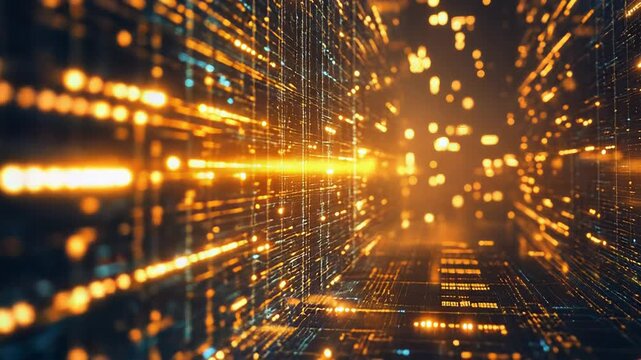 Digital data stream flowing through a futuristic network