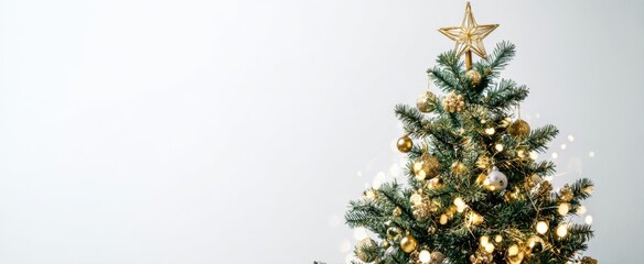 The Christmas Tree Adorned with Gold Ornaments and Warm Glowing Lights in a Minimalist Room