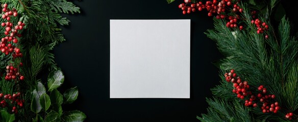 The White Card Mockup on Black Background with Festive Pine and Holly Frame