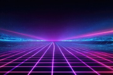 Futuristic glowing neon grid on a dark starry background with vibrant blue and purple light