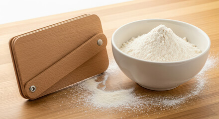 Baking ingredients and tools on wooden surface