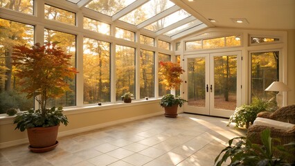 zoom background Sunlit sunroom oasis overlooks vibrant autumn forest during golden hour