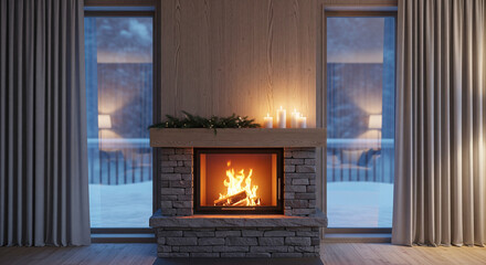 zoom background Cozy winter evening with crackling fireplace and warm glowing candles