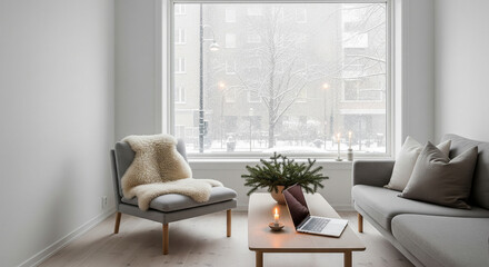 zoom background Cozy living room with snow falling outside window, laptop on table