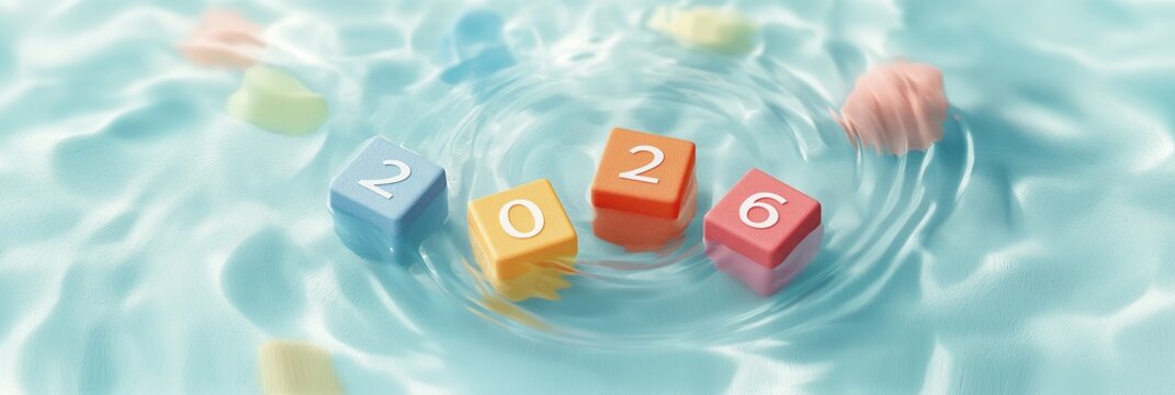Conceptual image of year 2026, represented by individual numbered cube (2, 0, 2, 6) in vibrant, clean water setting, conveying freshness and newness