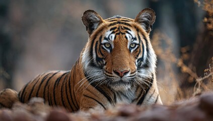 Obraz premium Majestic tiger resting, staring intently with piercing eyes in natural habitat