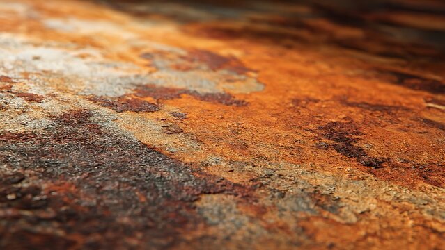 An extreme close-up perspective of a weathered metal sheet, revealing a rich tapestry of vibrant orange rust patterns and a rough, pitted texture