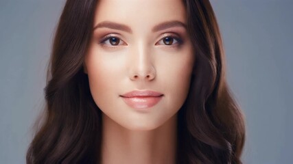 Close-up studio portrait of a young woman with dark wavy hair and neutral expression - Powered by Adobe
