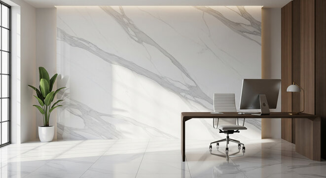 zoom background Modern office workspace with minimalist desk and marble wall.