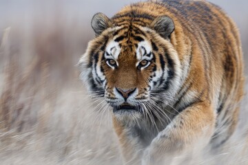 Obraz premium A majestic striped big cat approaches directly through a blurred, dry, grassy landscape