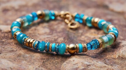 Elegant turquoise and gold beaded bracelet on textured stone