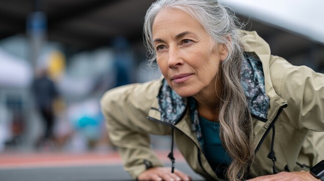 Senior women exercising outdoors pushups on stadium track health and fitness focused sports environment