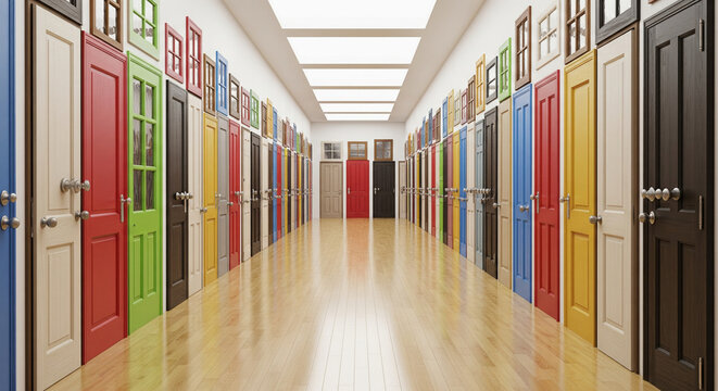 Endless colorful doors offer choices and opportunities in bright hallway zoom background 