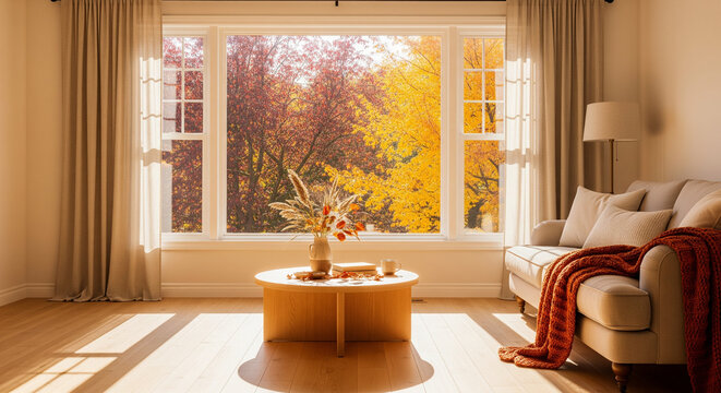 Cozy living room bathed in warm autumn sunlight, vibrant fall foliage outside zoom background 