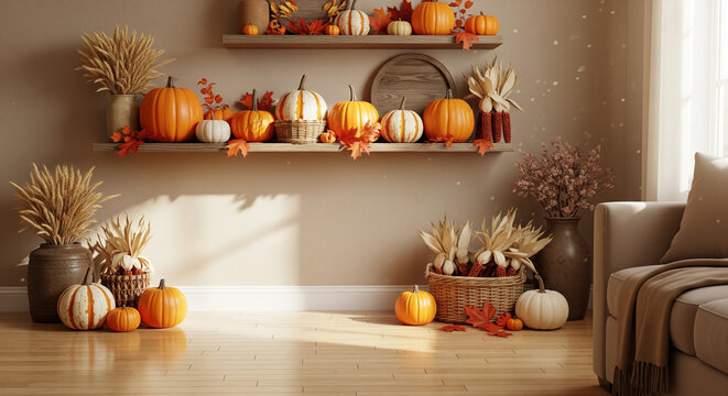 Cozy autumn harvest display with pumpkins, corn, and leaves zoom background 