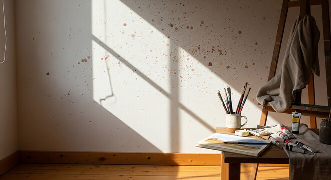 Artist's studio bathed in sunlight, brushes, paints, and easel ready for creation zoom background 