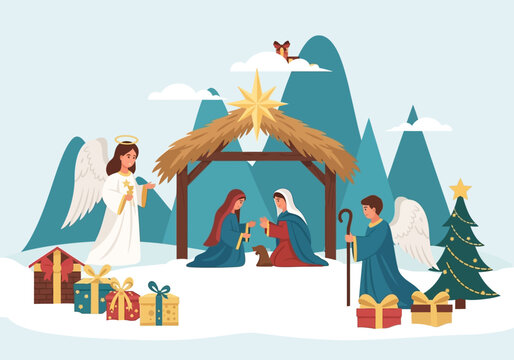 Nativity Scene Illustration with Holy Family Angels and Gifts.