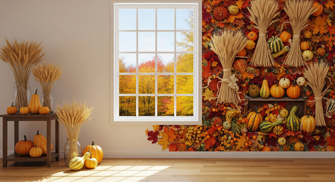Vibrant autumn harvest scene with pumpkins, gourds, and wheat indoors zoom background 