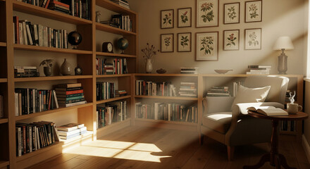 Cozy reading nook bathed in warm sunlight, a perfect escape for relaxation zoom background