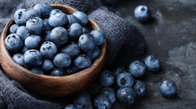 Fresh Organic Blueberries in Wooden Bowl on Dark Background