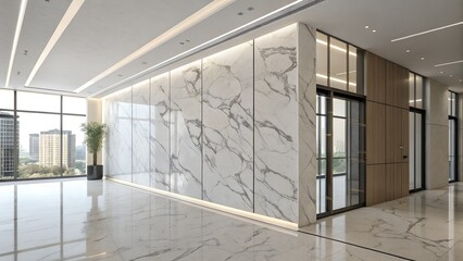 Modern office lobby with marble walls and city views zoom background 