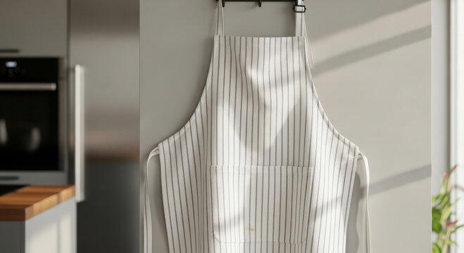 Striped apron hanging in a bright kitchen