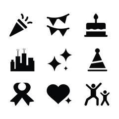Set of new year celebration icons, Birthday, party and festive symbols on white background
