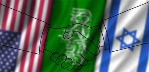 Vector wavy blurry flags, United States of America, Hamas and Promised land. Peace negotiations. Deal, handshake. American of peace plan. Star of David. Islamic Resistance Movement
