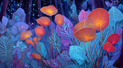Vibrant Rainforest Glowing with Bioluminescent Light &ndash; Enchanted Jungle Foliage, Luminous Creatures, and Magical Night Atmosphere