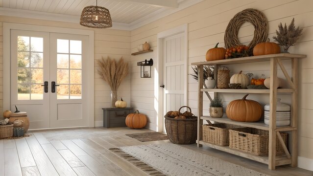 Cozy autumn entryway with pumpkins, baskets, and fall decor zoom background 