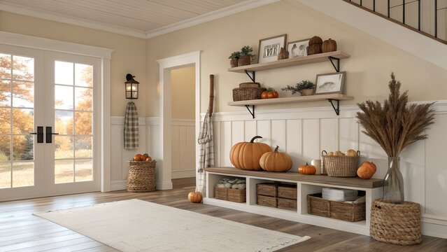 Cozy autumn entryway with pumpkins and warm light creating a welcoming atmosphere zoom background 