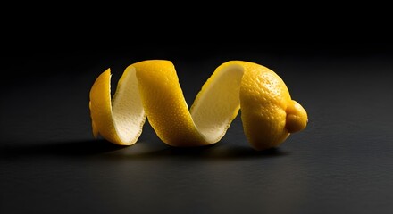 Single bright yellow citrus peel twisted into a spiral on a dark background