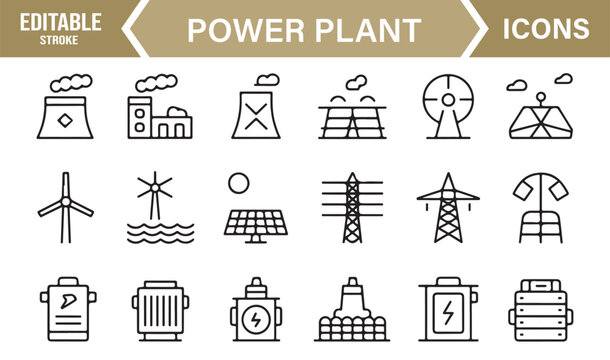 Set of Thin-Line Electricity and Power Generation Symbols for Engineering and Industry