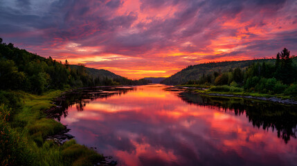Vibrant River Glowing with Sunset Reflections &ndash; Golden Light on Flowing Waters and Serene Natural Landscape