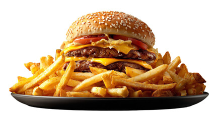 A delicious double cheeseburger with melted cheese, fresh tomatoes, and lettuce, served with a generous portion of golden french fries